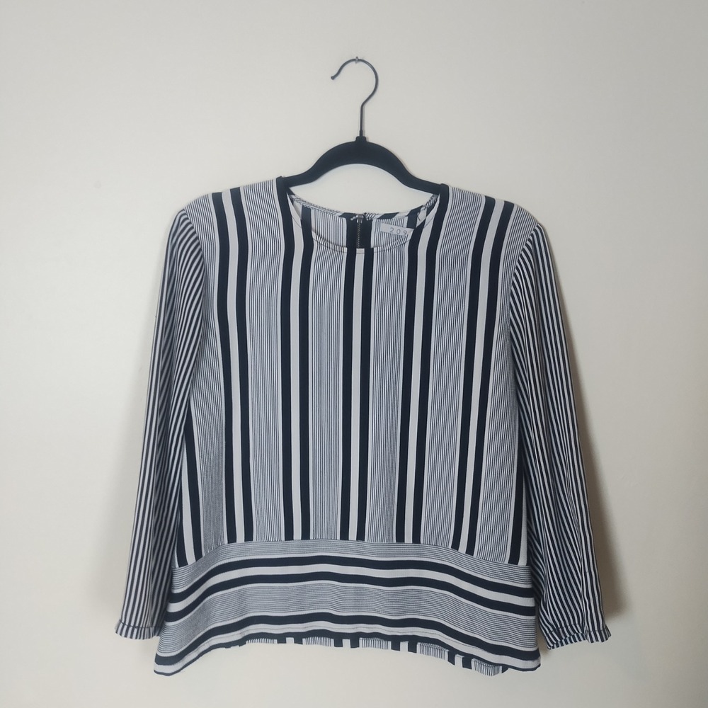 209 Wst Black White Striped 3/4 Sleeve Womens Top Sz. 12 Minimalist Classic Chic